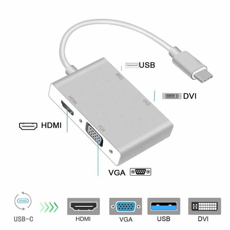 四合一4K铝合金USB3.1 Type C转VGA HDMI DVI USB3.0转换线适配器