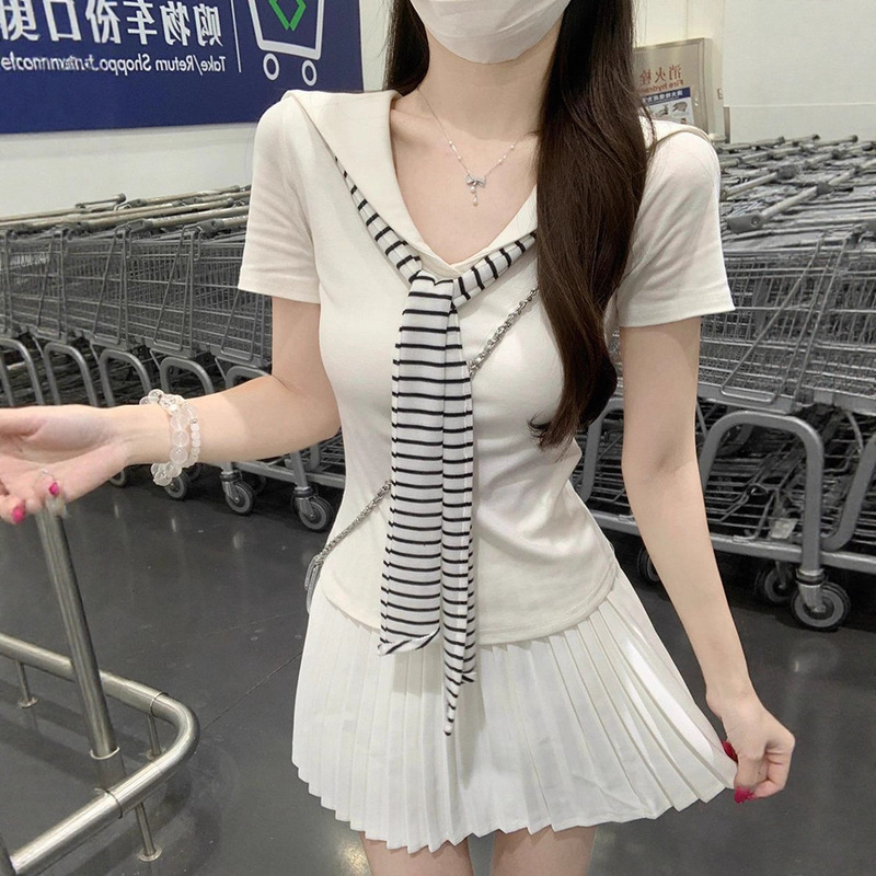 Korean Preppy Style Navy Blue Navy Collar Stripesd Tie Right Shoulder Short-Sleeved T-Shirt Women's Summer Slim Miu Top