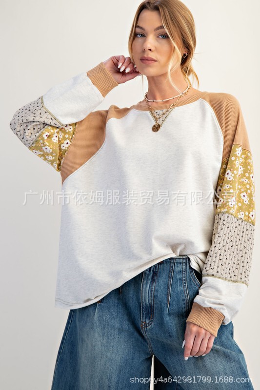 Amazon 25秋の新作クロスボーダーヨーロッパとアメリカの服花柄ステッチコントラストカラートップTシャツルーズカジュアルスウェットシャツ|undefined