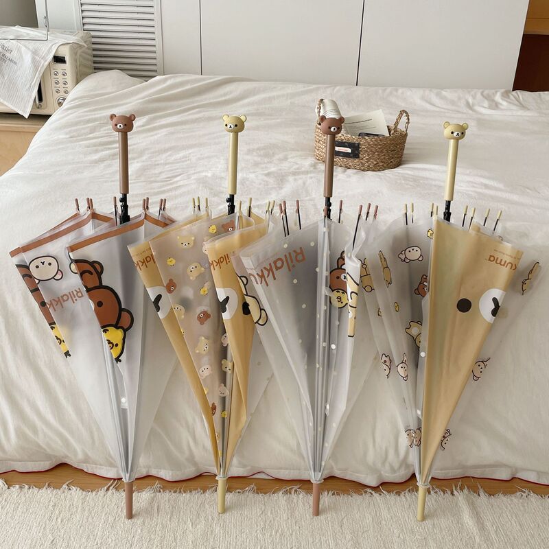 Authentic Rilakkuma plush handle long-handled transparent umbrella, cute and adorable, high aesthetic appeal, straight-handled umbrella for students