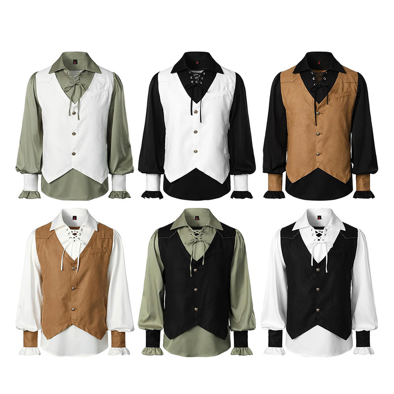 Medieval Pirate Victorian Cosplay Steampunk Gothic Long Sleeve Vest Shirt Halloween Costume