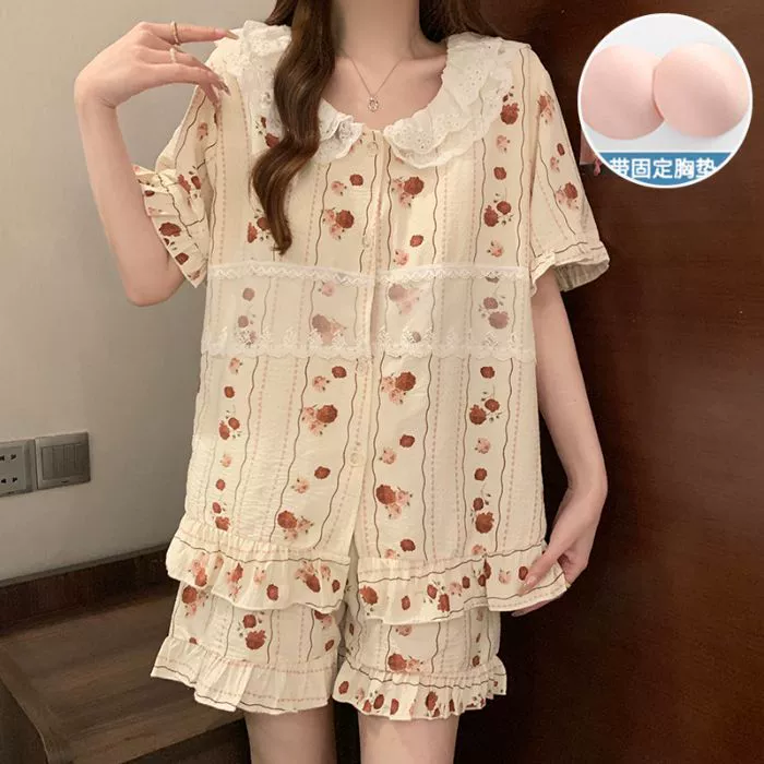 Трансграничное поколение волос Летняя новая женская пижама с нагрудными подушками Облако хлопчатобумажный кардиган с короткими рукавами