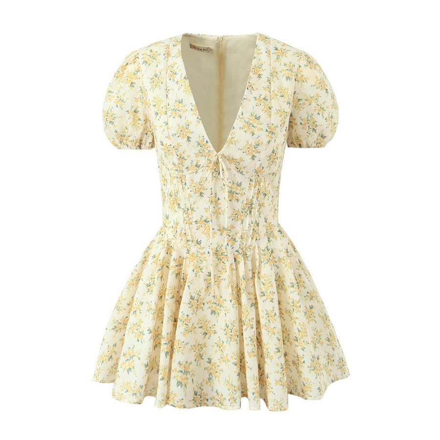 25 LD Summer New Sweet Print Chic Puff Sleeve Mini Dress French Deep V Sexy Short Princess Dress