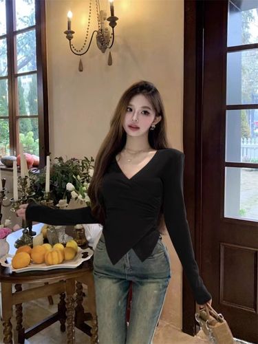 Designer Crossed V-Neck Long-Sleeve T-Shirt for Women with Unique Pleated and Irregular Hem Top, 240g Deerskin