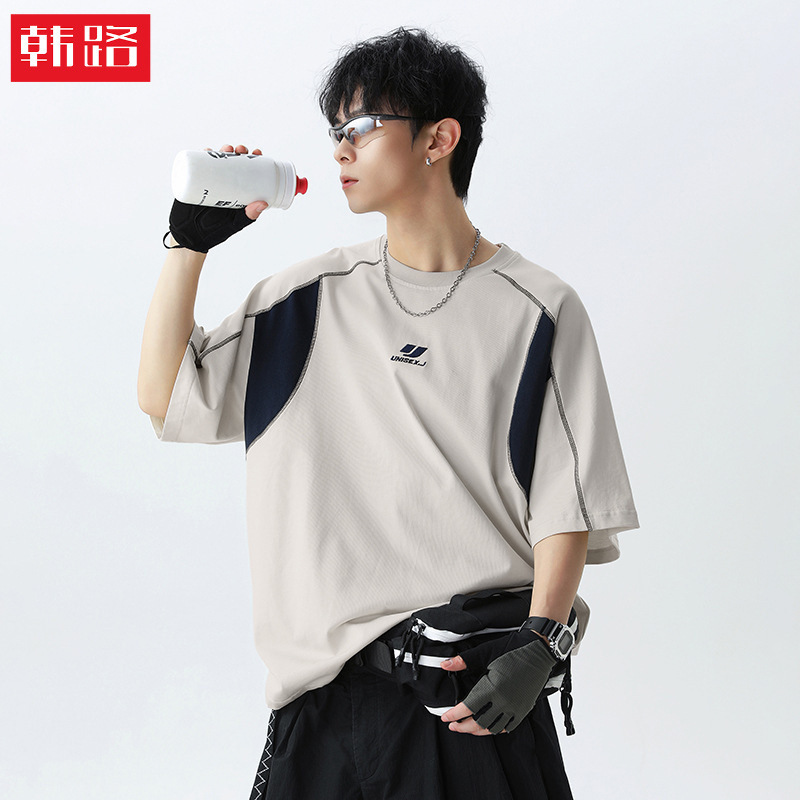 Retro Embroidered Pure Cotton Short-Sleeved T-Shirt for Men, New Summer Style, Contrasting Color Stitching Design, American Fashion Brand T-Shirt