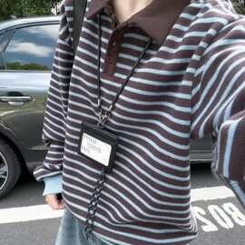 韩系学院风翻领条纹针织女秋季复古百搭撞色宽松休闲长袖毛衣上衣