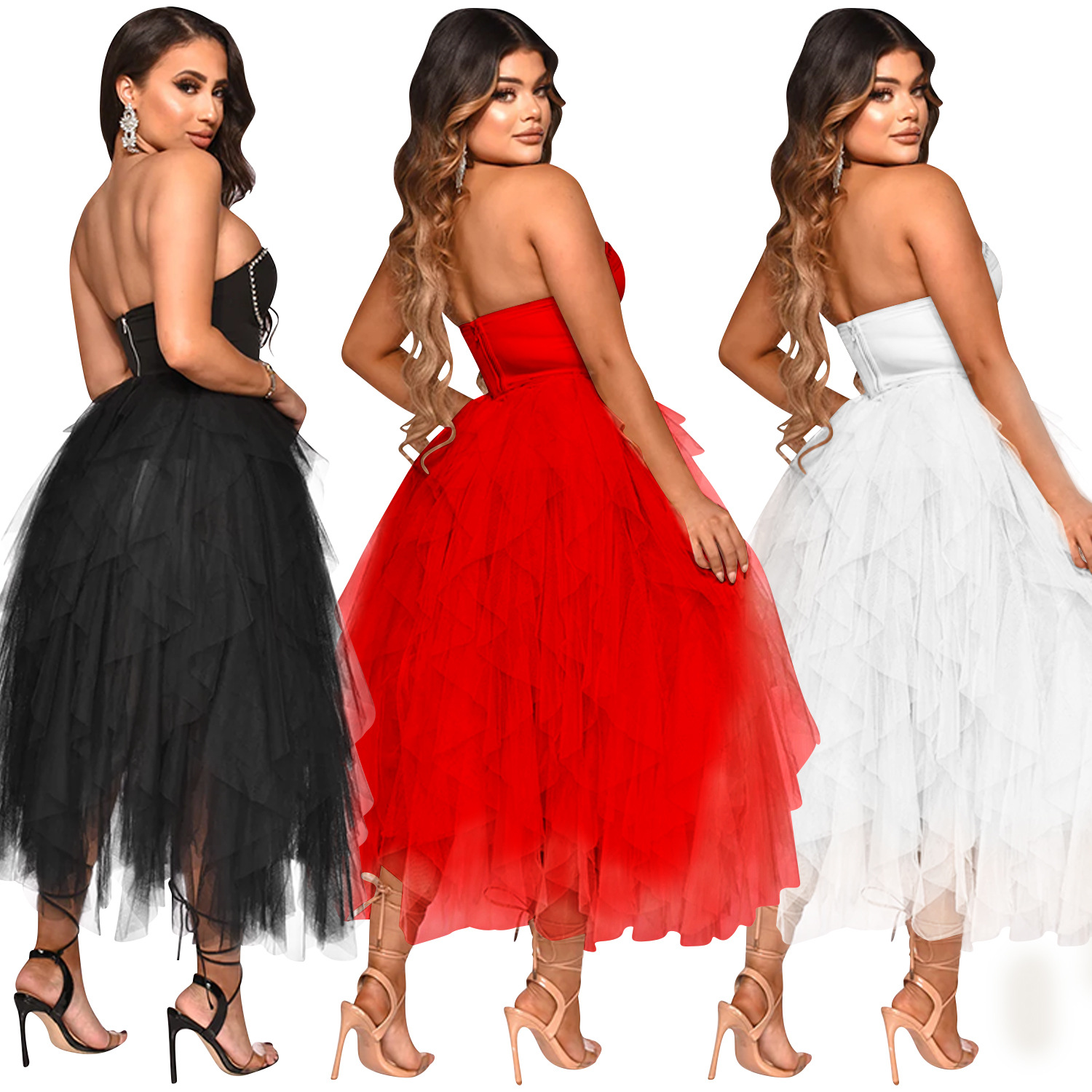 X5709 nueva llegada AliExpress Amazon moda europea y americana color sólido rhinestone caliente tubo superior mullido vestido de malla ropa las mujeres image 6