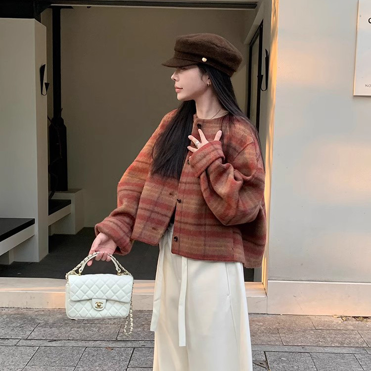 [Retro Plaid] Autumn and Winter New Double-sided Cashmere Coat Women's Short Small Cocoon Profile Wool Coat