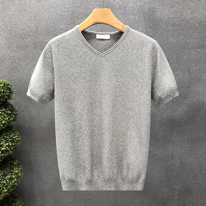 Camiseta de punto de manga corta camiseta de hombre elástica apretada cuello V de pollo cuello de corazón de hielo verano fábrica transfronteriza al por mayor sensación de hielo frío