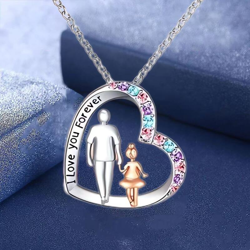 Dad and Daughter Heart-Shaped Two-Color Father's Day Necklace Forever Love You Color Diamond Fashion Engraving Pendant Jewelry