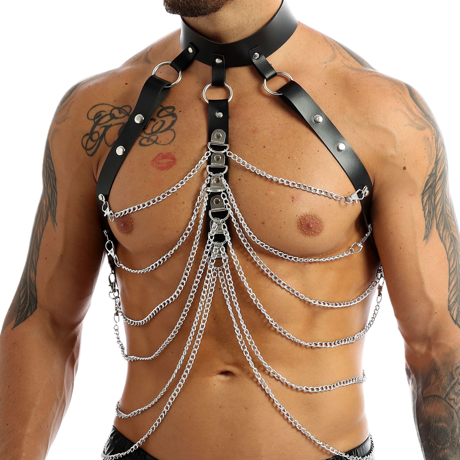 Sexy cadena de metal traje sexy cuerpo cadena pecho pu cuero vinculante corsé vinculante cinturón ropa