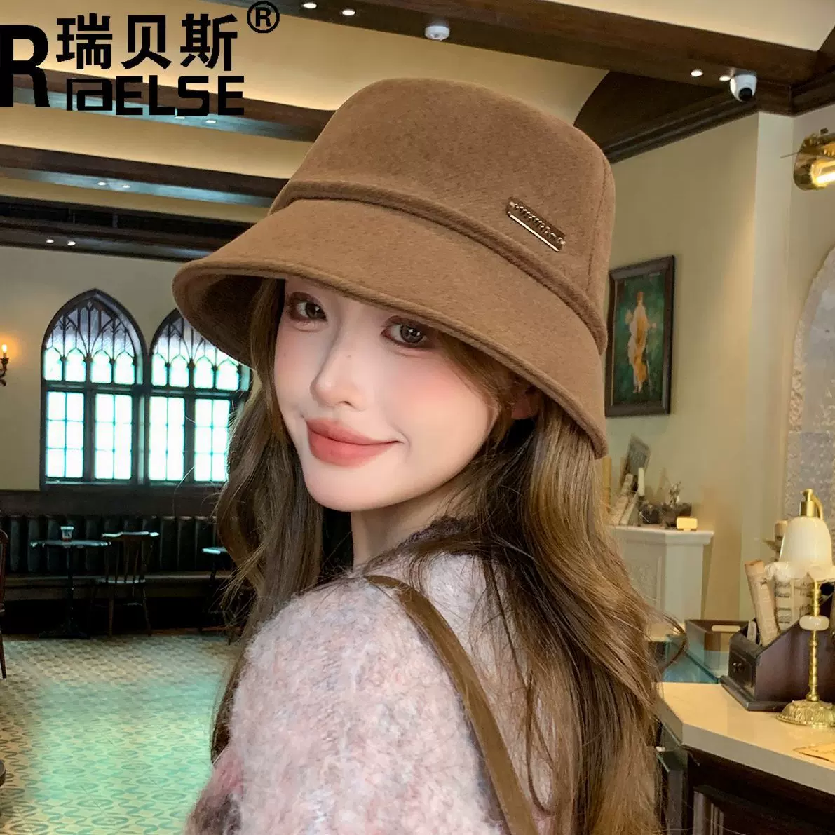 韩版简约字母标时尚显脸小渔夫帽素颜百搭渔夫帽时尚简约盆帽秋冬