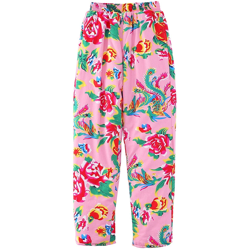 Фиолетовая Ни Ни Floral Демисезонные тёплые брюки, свободный прямой крой, высокий пояс, шёлк-хлопок, цветной принт