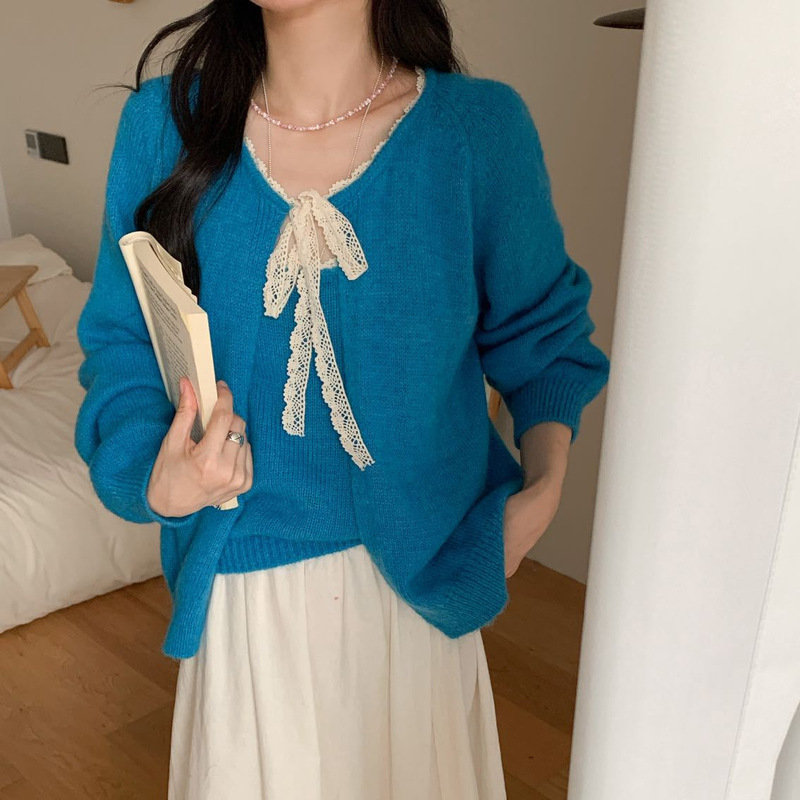 韩版百搭纯色长袖针织开衫女春秋季新款叠穿蕾丝花边毛衣吊带套装|undefined