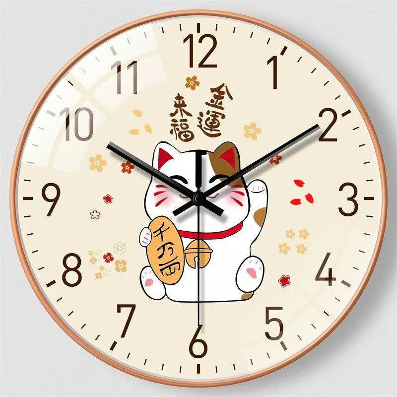 【8英寸20CM】中式客厅挂钟招财猫时钟挂墙创意挂墙静音石英钟|undefined