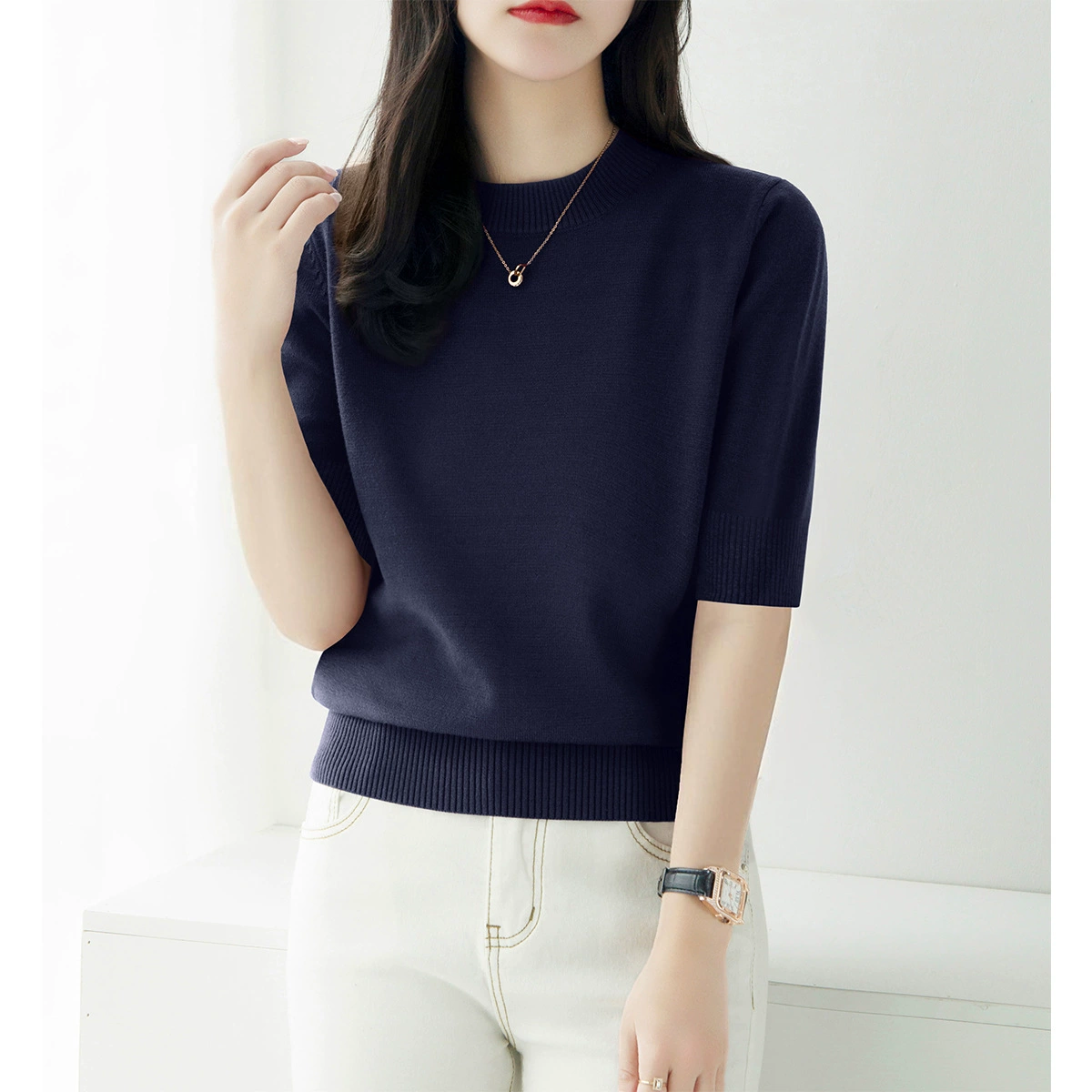 Простой универсальный пуловер с круглым вырезом, свободный дизайн, внутренний топ, женская весенняя новая рубашка со средним рукавом, базовая рубашка