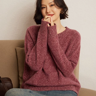 山羊绒女士圆领花纱系加厚宽松时尚休闲简约慵懒风针织衫内搭打底