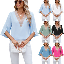 亚马逊欧美跨境外贸2025春夏新款纯色V领中袖宽松雪纺衫女士上衣