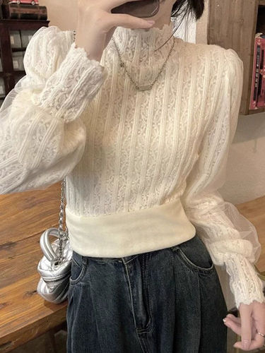 Semi-high-neck lace base shirt for women's autumn and winter new style interior with velvet thick lanterns, long-sleeved shirt