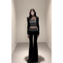 时尚辣妹风条纹抹胸背心短款黑色开衫女2025新款春秋季微喇休闲裤