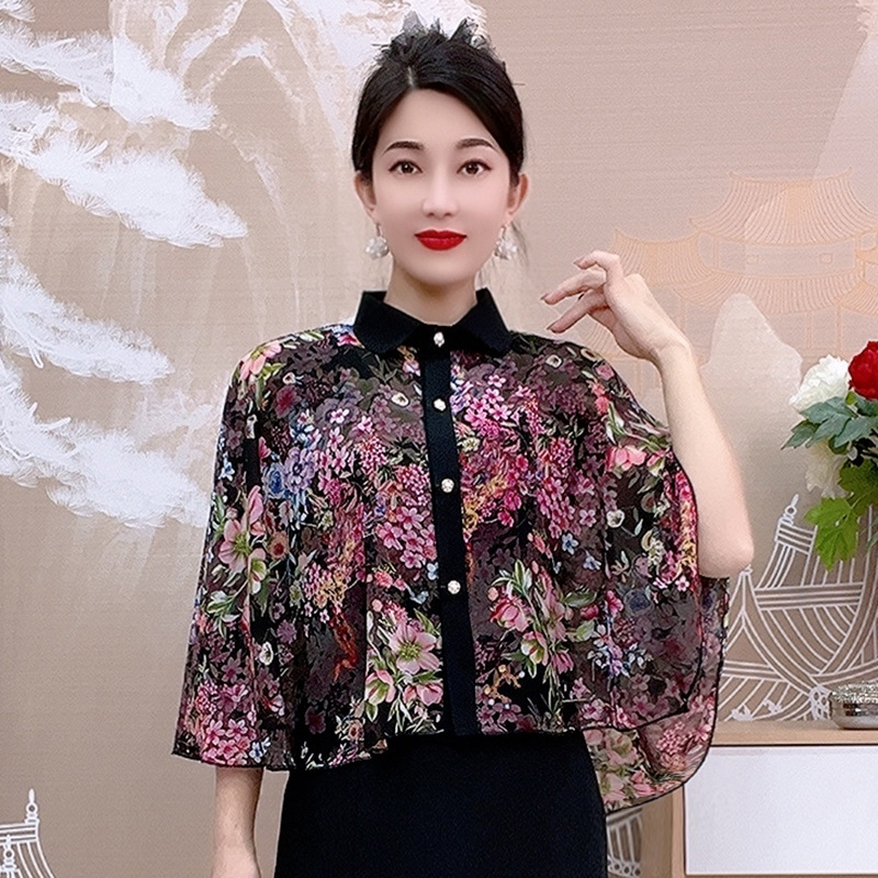2216款珍珠纱泡泡袖小外搭短外套百搭薄款潮流碎花外披