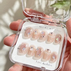 短短鏡心湖 貓眼法式溫柔裸色手工光療穿戴美甲成品假指甲貼