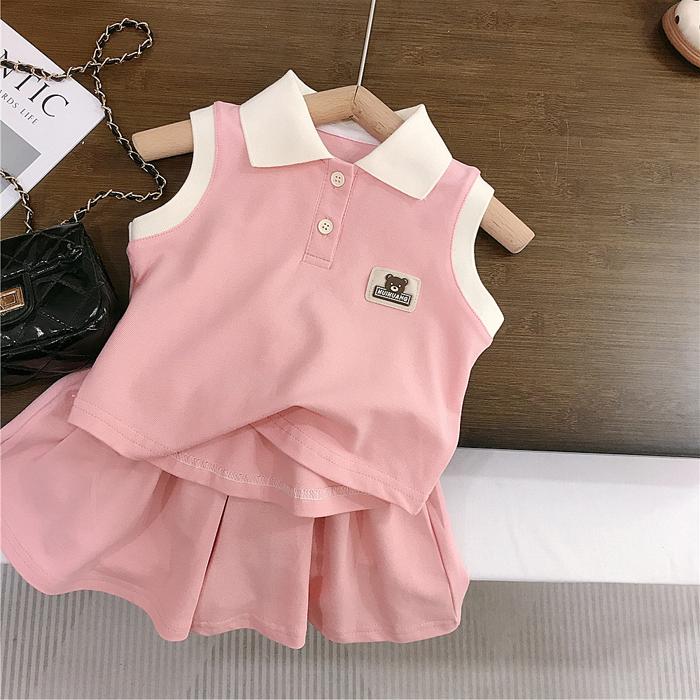 Girls Casual Suit Summer New Style Kidsren's Fashionable Baby Girl Fashion Bear Vest Skirt Pants Two-Piece Set Export