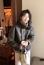 韩版皮毛一体拼接仿羊羔绒PU皮衣外套女冬季新款加厚显瘦棉衣棉服