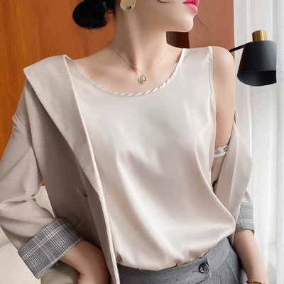 Шелковый камзол женский костюм белый черный нижний атласный топ маленький летний воротник