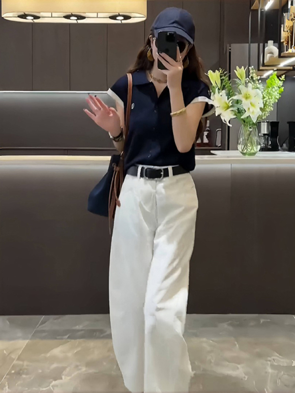 早秋装搭配一整套2025新款洋气针织短袖T恤+九分休闲裤气质套装|undefined