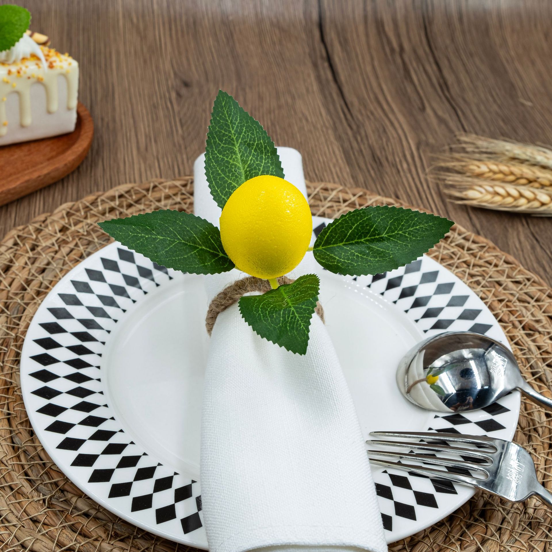 Cross-border Simple Yellow Lemon Napkin Rings Simulation Napkin Holder Napkin Buckle European Style Plant Jute Cloth Ring Wholesale