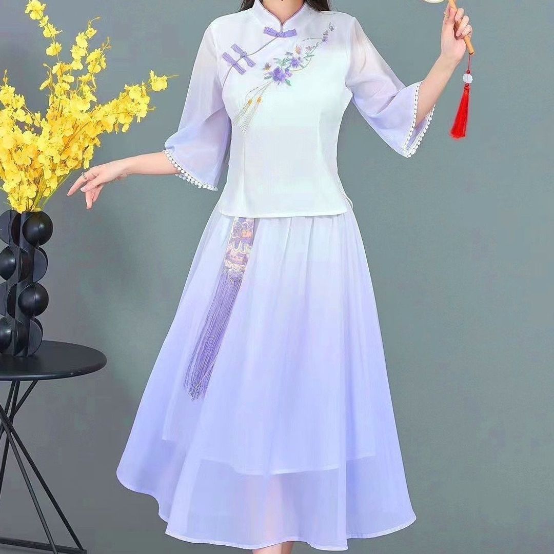 中式汉服夏季减龄两件套刺绣花朵汉元素袖口珠渐变色复古两件套裙