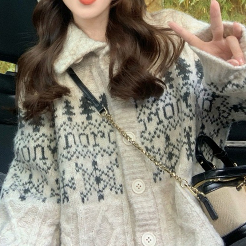 费尔岛提花毛衣外套女秋冬季2025新款翻领宽松复古慵懒风针织开衫