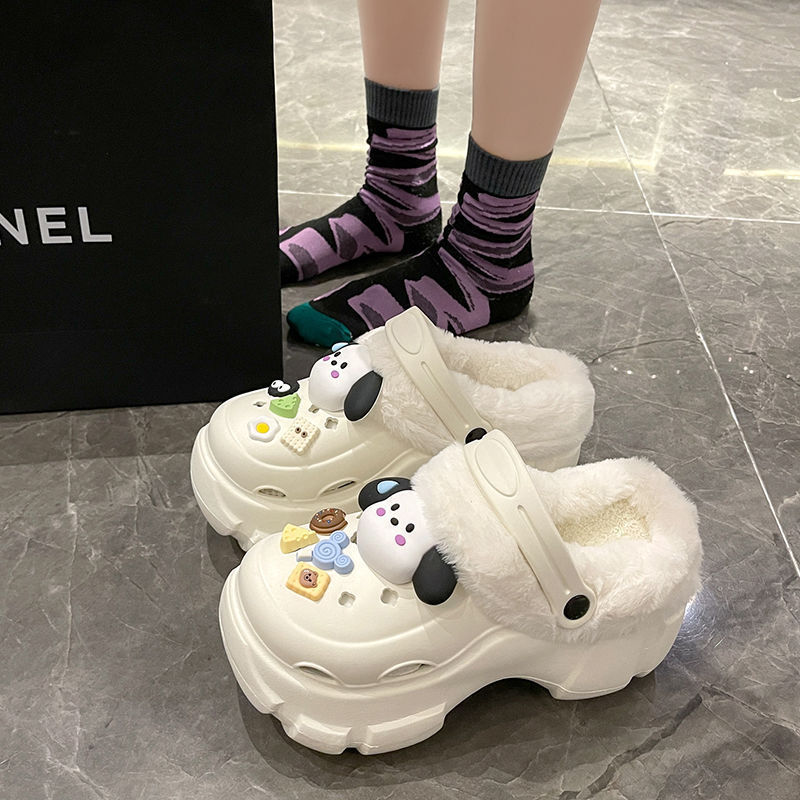 可爱卡通洞洞鞋女2025年冬季加绒保暖厚底防滑可拆卸外穿增高棉鞋|undefined