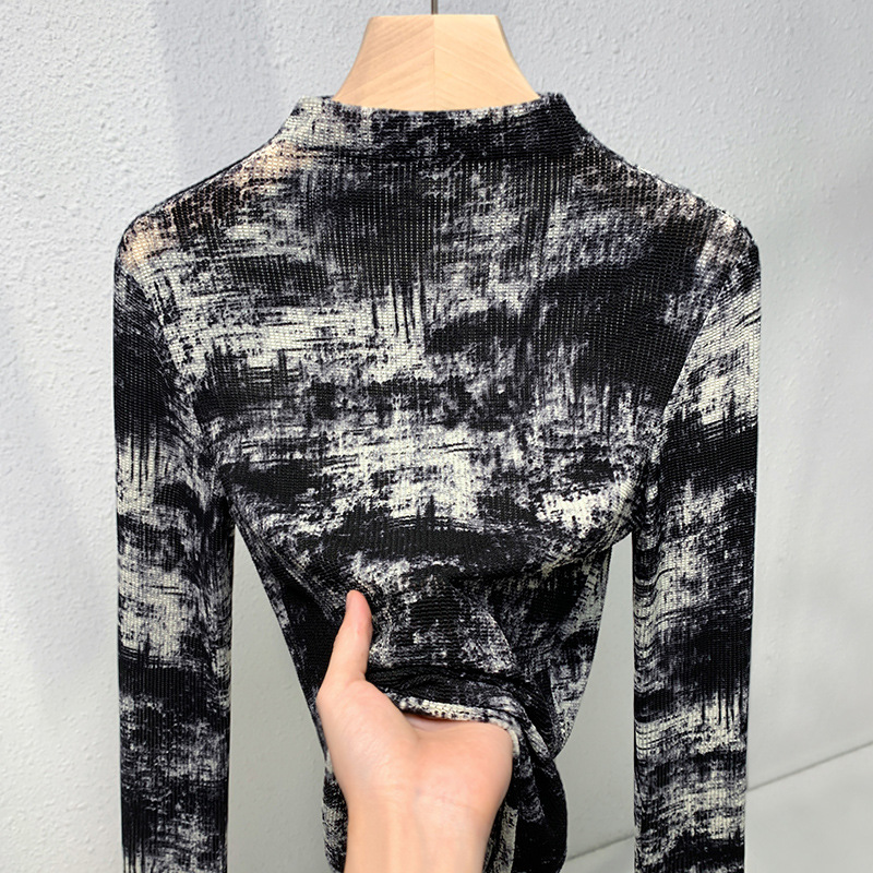 Media altura cuello de manga larga camisa de tela de tela para mujeres 2024 nuevo otoño delgado camiseta de moda de reducción de edad extranjera chaqueta teñida