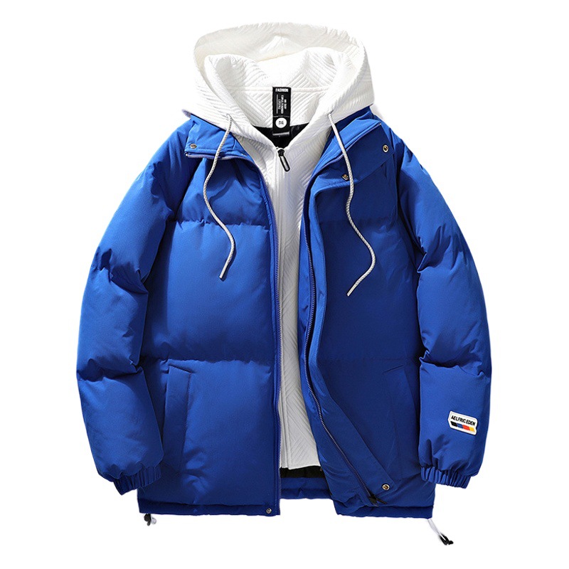 Falso abrigo de dos piezas de algodón acolchado para hombres y mujeres otoño e invierno nuevo cálido a prueba de viento personalizado cuero logo decoración color sólido corto abrigo de algodón acolchado