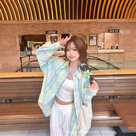 绿翻领格子衬衫女 2025 秋季新款幂式穿搭长袖衬衣防晒女外套欧美