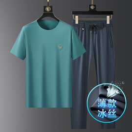 轻奢冰丝短袖T恤套装男士夏季休闲服套装跑步运动裤子两件套男21