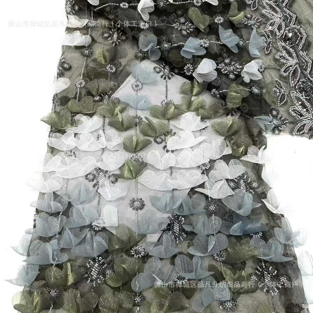 Flor de encaje vestido de boda tela de cola de tela de malla sequin bordado falda de tela de bordado de tubo de perlas de alta fijación