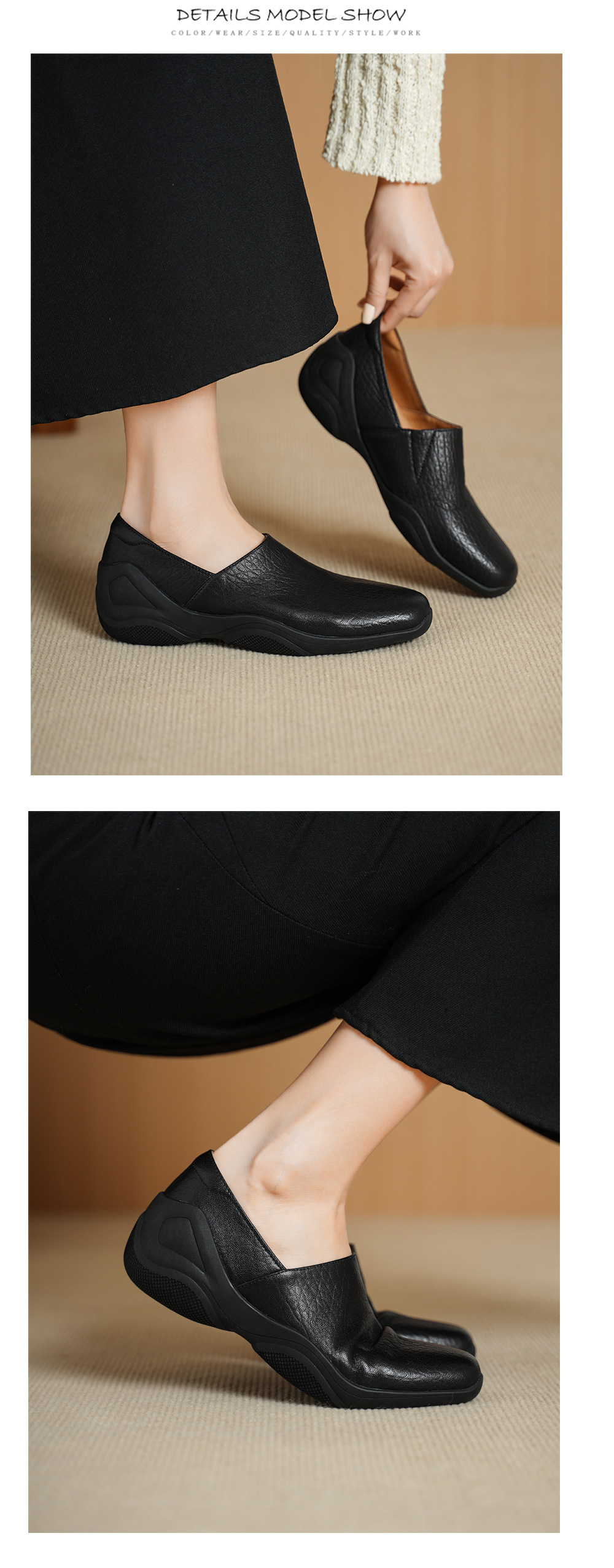 Giày loafer nữ da dê mũi tròn, gót trung 3 cm, hoa nổi, phong cách cổ điển — đen chi tiết 8