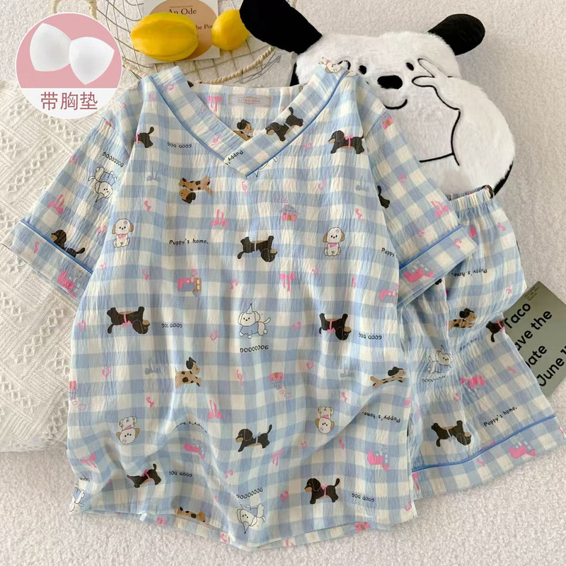 Pajamas Women's Summer 2025 New Cloud Cotton Ins Japanese Style Cute Short-sleeved Two-piece Set with Chest Pad for Summer Thin Style Pajamas Women's Summer 2025 New Cloud Cotton Ins Japanese Style Cute Short-sleeved Two-piece Set with Chest Pad for Summer Thin Style