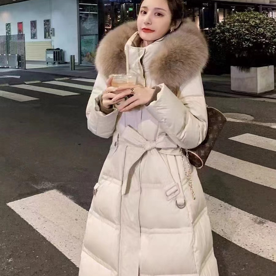 2025 新しい膝上ウエストスリムホワイトダックダウン肥厚冬コート韓国スタイルビッグファー襟ロングダウンジャケット女性のための