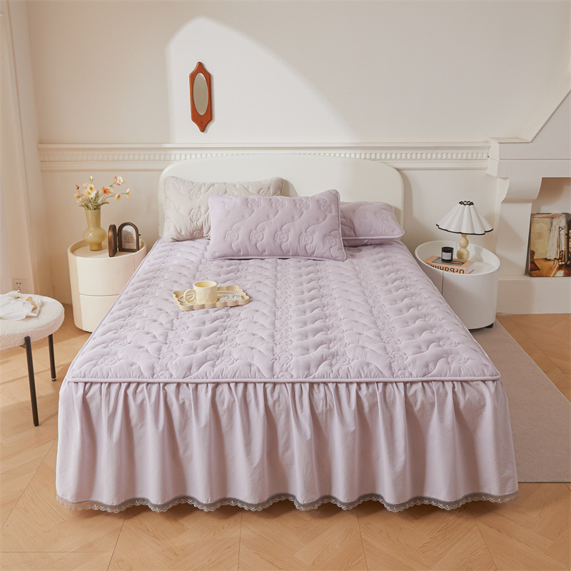 Princess style cotton washed cotton soybean quilted bed skirt one-piece solid color ugly bedspread dust cover bed sheet with skirt