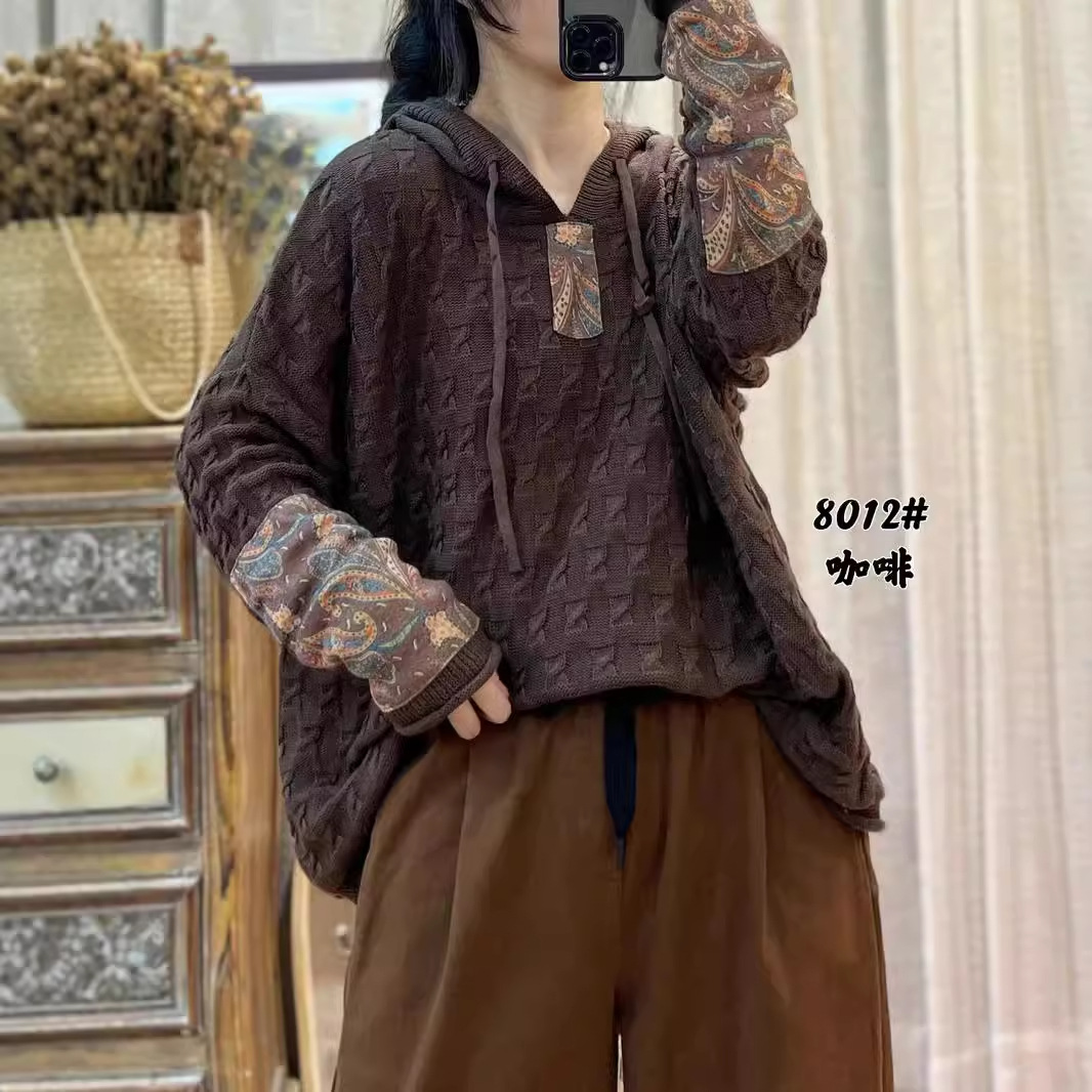 22 Autumn New Vintage Drawstring Hooded Long-sleeved Top Women's Loose Pic Pullover Casual Knitwear