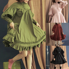 日系メイドcos服新品長袖ゆるいボタンレースランタン袖飾りlolitaワンピースq155