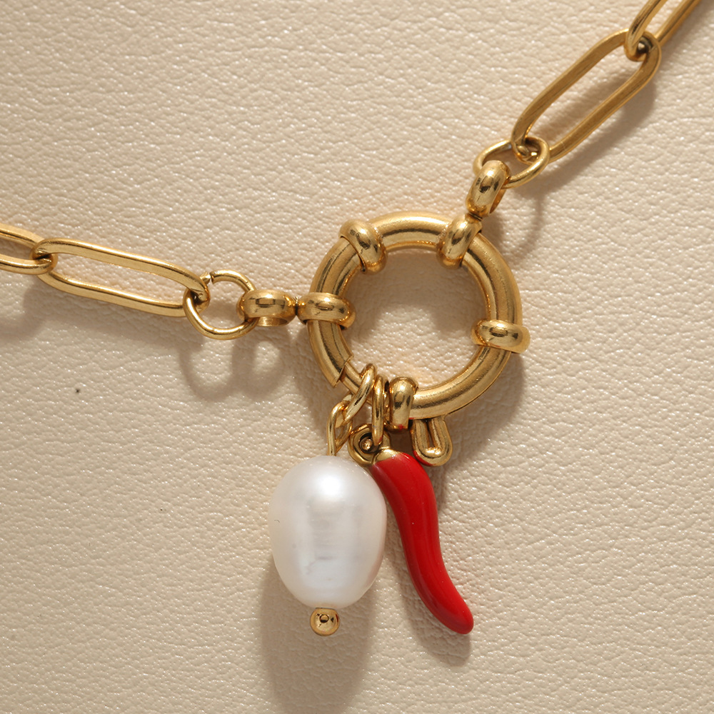 Casual, Daily Occasion 304 Stainless Steel Material PVD Coated Real Gold Plated Geometric Chili 304 Stainless Steel Vintage Style Classic Style Waterproof Non Tarnish 304 Stainless Steel OT Clasp Toggle Clasp Closure Spring Ring Trigger Clasp Closure Pendant Necklace