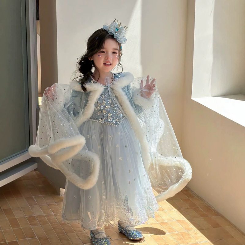 2026 Velvet Elsa Princess Cape Shawl Dress, New Autumn/Winter Long Sleeve Ice Princess Dress