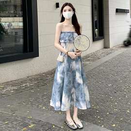 学院风烟雨江南水墨晕染裹胸裙夏季高级感裙子一字肩吊带连衣裙女