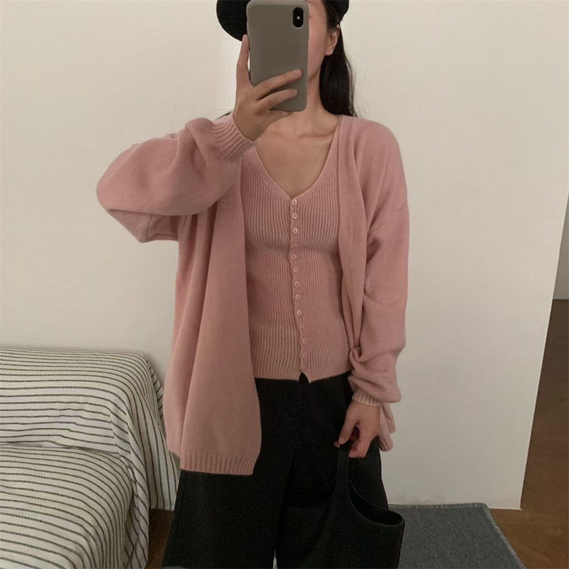 套装女港风复古麻花针织背心开衫上衣女秋冬新款宽松慵懒风两件套|undefined