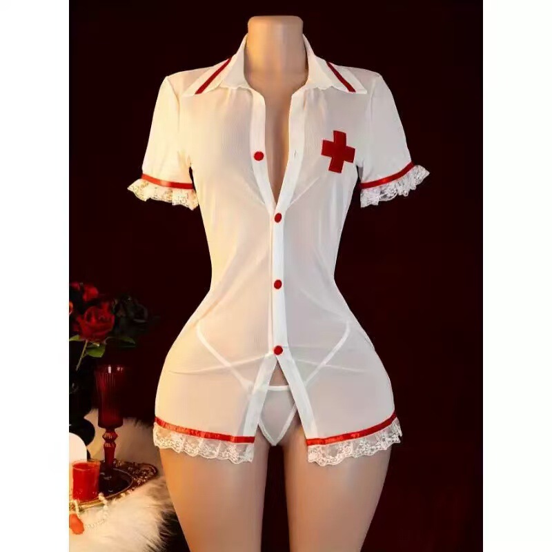Sexy Lingerie Sheer Mesh See-Through Deep V Slit Lace Trim Nurse Dress Uniform Set Pure Desire No-Removal Bodycon Dress
